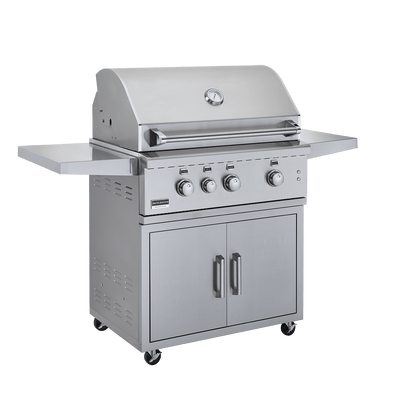 34" Freestanding BBQ Gas Grill - 3 Bow Tie burners - 18,000 BTUs each - 2 Doors - 2 Fold-Down Side Shelves - BROILMASTER